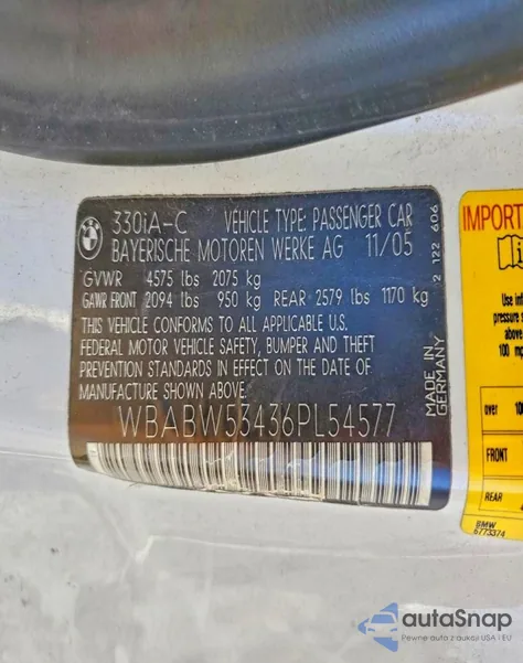 2006 BMW 330 Ci z USA, uszkodzony, nr VIN WBABW53436PL54577